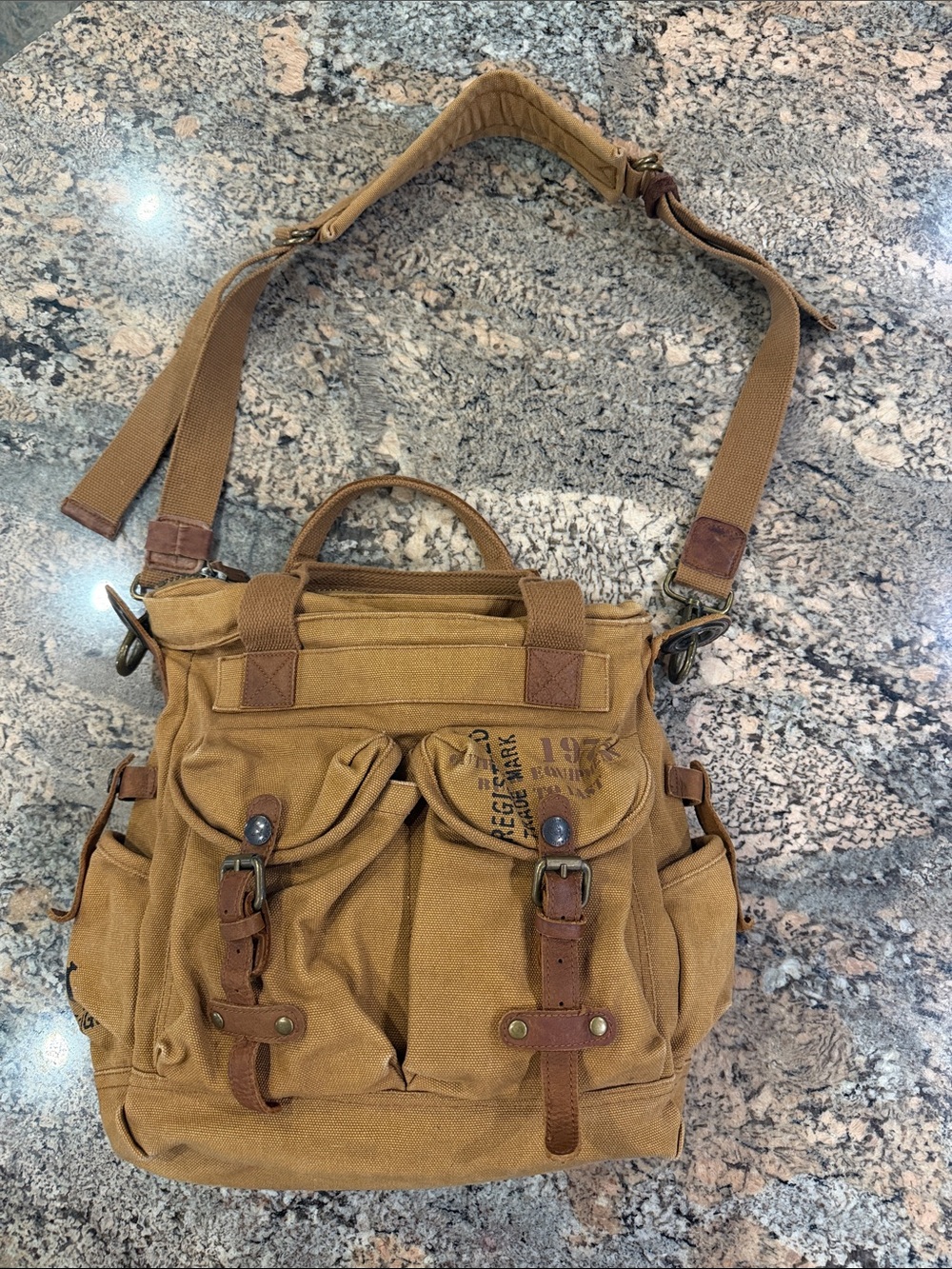 Men's Canvas Messenger Bag in Tan with Leather Accents